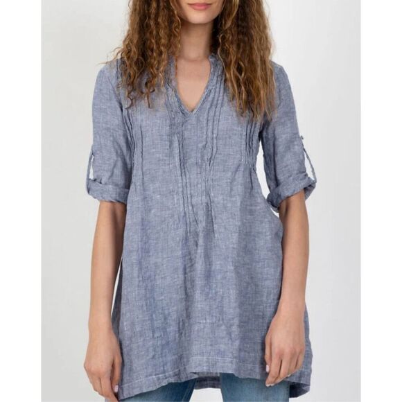 CP Shades Regina 100% Linen Collarless Pleated Bodice Tunic Top Women's Small - Picture 2 of 12